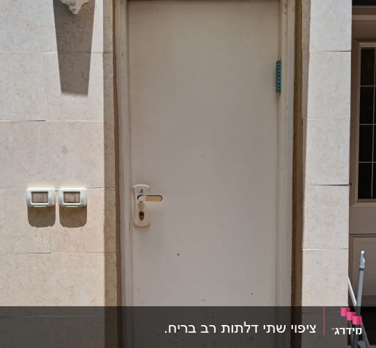 דלת לבנה עם ידית מתכת, כתמים בתחתית
